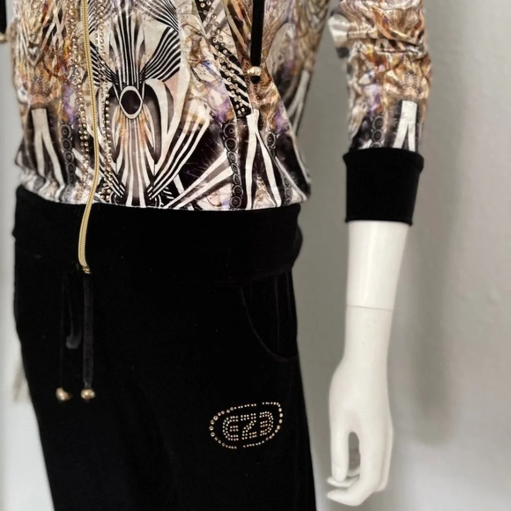 NWT WOMEN VELOUR TRACKSUIT 2PC SET HOODED JACKET/BLACK‎ PANTS LOUNGEWEAR JOGGERS